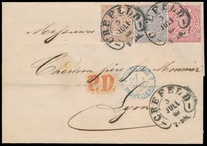 1869 Mooie brief van Crefeld naar Lyon via een militair kamp voor de Frans-Duitse oorlog gefrankeerd met Mi. n° 1, 16 en 17, interessant, zm