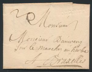 1744 Voorloper met inhoud, vanuit Soignies, dd. 15 julie 1744, Herlant 4 (eerste jaar), naar Bruxelles, port 2 sols, zm