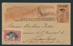 Ganzsache Stibbe Nr 24 L mit lokalem Aufdruck Typ 7, aufgewertet mit einem 10c Karmin Mols von 1910, versandt von Stanleyville, 5. Mai 1911 nach Luxemburg, seltenes Ziel.