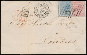 1871 Nos 18 et 20, sur lettre sans contenu, de Gand avec oblitération Pt.160-Gand (Faub. De Bruges), dd. décembre 71, à Londres (Angleterre), 