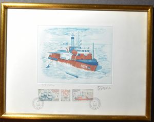 1977/1990, 4 engravures d'artiste with illustration, stamp theme Polar travel with signature including balloon flight, numbers issued 900, 1500 each in gilt frame, vf