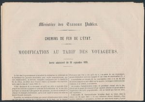 1871 Ministère des travaux publics - Chemins de Fer de l'état - Wijziging van de tarieven van de passagiers ( Ministerieel besluit van 18 september 1871 ), document van 7 blz., zm