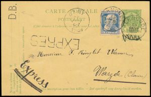 n° 37, avec cachet supplémentaire n° 76, perforé D.B. (Debruyn), avec cachet express de Termonde, daté du 25 janvier 09 à Warzee (Clavier), tb.
