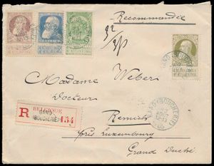 1905 N° 56, 75, 76 en 77 op aangetekende omslag, met manuscript 