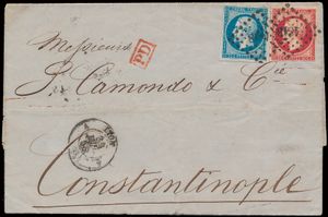 1855/1863 Samenstelling van 7 brieven met diverse bestemmingen wo. Zwitserland, Constantinople, Engeland, Nederland en Oostenrijk en diverse combinaties en alle gefrankeerd met Napoleon III ongetand (breed gerand) uitgifte, zm 