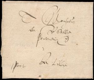 1597 Voorloper met inhoud van Courtray 22 aug. 1597 naar Lille, met handgeschreven 