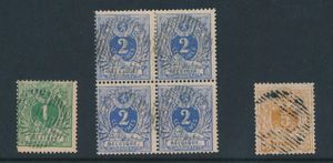 N° 26, 27 (blok van 4) en 28, alle met afstempeling (18-balken), zeer mooi geheel, zm
