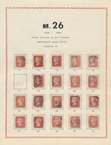 N° 43/44 en 45/47 '1858/79' mooie plaatreconstructie vd 'One penny red en two pence blue' volledig m.u.v. plate 77, maar wel met plate 225, meeste zegels in goede kwaliteit, zm/m.