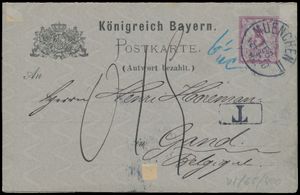 1886 Est N° 3b, PWST van Bayern, antwoordkaart, vanuit München (Duitsland), dd. 19 februari 1886, met vertrekstempel 
