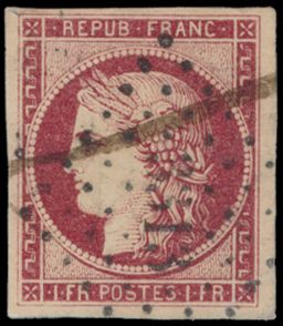 N° 6b '1849, 1 Fr carmin foncé' mooi volrandig zegel, zm (Yv € 1.100)