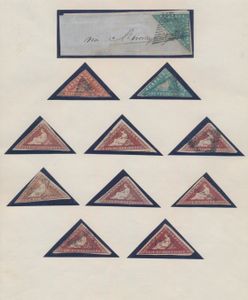 1853/1864, rare BEAUTIFUL collection of triangles, including wood-blocks and 4d pale milky- blue 2x w.v. 1x on fragment, nice pairs, some reventries, several highly listed ex., to be checked on colours. (Eg 6d slate-lilac 2x), 94 genuine items + page of forgeries added for reference, ENORMOUS cat. value, vf/f/To be checked.