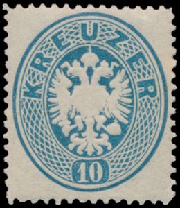 N° 27 '1863, Doppeladler 10 Kr blauw', zm (Mi € 2.200)