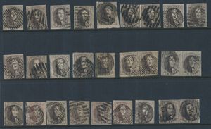 Kleine verzameling ongetande medaillons, enkele met distributiestempels, enkele op brieffragmenten, enkele geplaat (D.6, D.54, D.2, D.46, D.22, D.8, etc.), zm/m/ntz