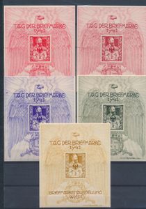 1941 'Tag der briefmarke Wien,' 5 tentoonstellingsvelletjes, kleine onvolkomendheden (enkele punaisegaajes, plooitje), m.