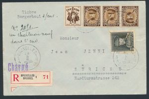 PU 67, KP15 en N° 318, op aangetekende omslag, afst. Bruxelles-Brussel, dd. 23 X 36, naar Zurich (Zwitserland), mooie charge stempel in paars, zm.