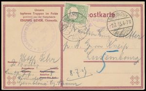 1915 Postkaart verstuurd vanuit Gembloux, dd. 2 juni 1915, censuur, getaxeerd door het Luxemburgse leger, zm 