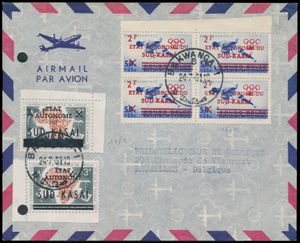 1961, accumulation de 6 enveloppes de poste aérienne affranchies avec divers timbres des émissions du Sud-Kasaï, oblitérées Bakwanga vers le 