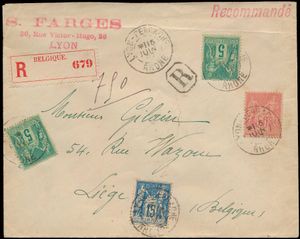1880/1903 Accumulation of 7 postal items wo. various destinations including Italy, Belgium and the Netherlands, various frankings also stationery with extra franking, also a beautiful registered letter to the Belgian registered label, vf/f 