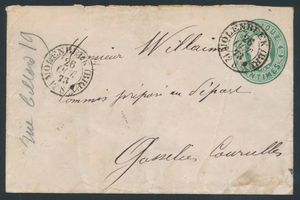 1873 Enveloppes de lettres classiques, n° 1 (10c vert petit format avec pointe), oblitérée Molenbeek (Brux, sans point ni crochet, datée du 26 octobre 73, à Gosselies Courcelles, tb.