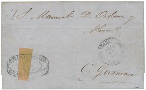 1863, brief van Guadelajara met (Mi) N° 13-I H.I. (Halvering 8R groen op roodbruin), zm en zeer zeldzaam.
