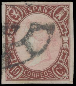 N° 68 '1865 Isabella II 19c bruin en rose' klein knipje (buiten zegelbeeld) en bruin vlekje, mooi aspect, m/ntz (Yv € 900)
