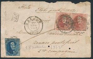 N° 11 and 12 (in pair, w.e.f. 1 stamp fully margined and with neigbour), on letter from P. 23 Bruges 18 Nov 1862, to Marino (Castel Condulfo) Papal States, the letter is addressed to a Papal Zouave 'Henri Van den Driessche', 2° Company, rate : 1 franc via France (up to 7.5 grams), back 'France par Mouscron', beautiful, rare destination and addressing!
