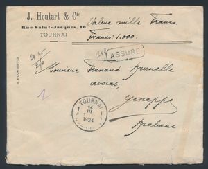 1924 N° 194 (2x), 198 (2x) en 211 op waardebrief, vanuit Tournay 1A, dd. 14 III 1924, voor 