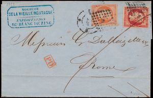 1855/1862 Samenstelling van 3 brieven gefrankeerd met Napoleon III ongetande uitgifte (alle zegels goed gerand), verstuurd naar Livourne en Rome (2x), diverse combinatie van frankeringen, zm 