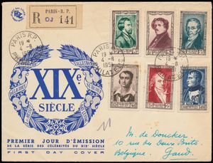 Kleine samenstelling van 4 poststukken wo. filatelistische tentoonstelling van Metz 1938 met de serie van 4 bijzondere vignetten op de rugzijde, ook n° 891/96 op FDC (lichte roest) aangetekend verstuurd van Parijs naar Gent, één naar Cuba in 1936 en één met vignette van Guynemer, zm/m/ntz 