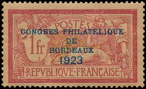 N° 182 Congrès philatelique de Bordeaux overprint on Merson 1fr. on GC paper *, this curiosity is not listed in the catalogue, tinted gum, vf (Yv. €575)