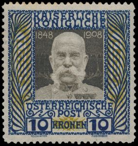 N° 101/17 '1908, 60 Jarig Jubileum Franz Joseph' (Tanding 10 Kr zie foto), mooi gecentreerd, zm (Yv € 1.200)