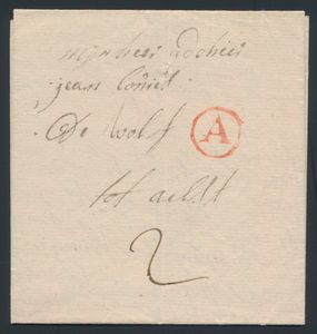 1776 Voorloper met inhoud, vanuit Antwerpen, cirkel rood met de letter A, dd. 5 november 1776, naar Aelst, port 2 decimen, zm