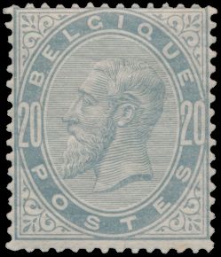 N° 39 '20 cent. parelgrijs' normale licht gedecentreerde tanding, zm (OBP € 1.200)