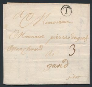 1777 Voorloper met inhoud, vanuit Tournay, cirkel zwart met de letter T, dd. 10 november 1777, naar Gand, port 3 decimen, zm