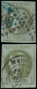 Nos 39B, 39C, 39Cc, 43Bc, 45B (2x) et 46A (2x) Composition de 8 timbres au total, largement bordés et oblitérés, tb/b (Yv. 2 145 €).