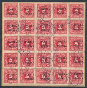 Strafport N° 1 '1919, 5H' (blok van 25), op fragment van bestelformulier, gekeurd, zm (Mi € 375)