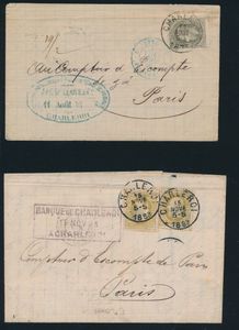 1874/1882, 4 brieven met buitenlandse bestemmingen, o.a. New York, Noorwegen, Parijs (2x), n° 32, 34 (2x), 35, zm/m