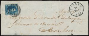 N° 4 volrandig met brede linkerbladboord, op brief met inhoud, met afstempeling P.44-Furnes (in zwart), 21 dec 1850, naar Roeselare, met ontvangststempel, zm (OBP +€ 150)
