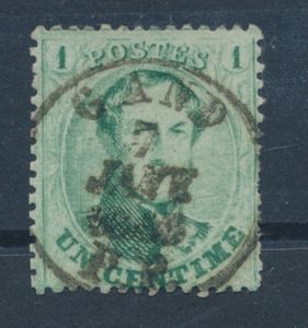 N° 13 B '1 cent. groen' mooie centrale enkelcirkelafst. Gand, zm (OBP € 30)