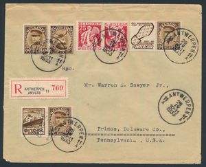 PU 70, PU72, KP14 en KP15, op aangetekende omslag met lakzegel, afst. Antwerpen, DD. 29 IV 1933, naar Pennsylvania (USA), met ontvangststempel New York, zm.
