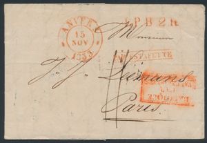 1833 Voorloper met inhoud, met vertrekstempel Anvers, Herlant 56, dd. 15 november 1833, naar Paris (Frankrijk), mooie rode stempel in kader van 