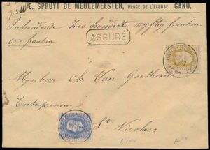 1880 N° 31 en N° 32, op waardebrief voor 'Inhoudende zes honderd vijftig frank - 650 franken', vanuit Gand(S-Sauveur) naar Sint Niklaas, dd. 31 Maart 1880. Met rode lakstempels (5 stuks). Totale frankering is 45c.. Meerdere ontvangststempel op keerzijde van Gand, Gand(Station) en St.Nicolas.  Port : 10c., aantekenrecht 25c., Verzekeringsrecht 10c. (per 1000 frank : 10c.), totaal van 45c., zm