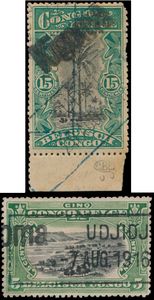 German East African Campaign - bilingual set of 1915 (N° 64/71) with cancellations used by Belgian troops including Kigoma griff (2), blue rectangular cancel with date used on telegrams, German (Prise de guerre) griff from Usumbura, rectangular cancel from Udjiji and double circle cancel from Kigoma, very nice item, vf.