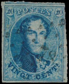 N° 11 '20 cent. blauw' volrandig (met bovengebuur), met puntstempel 78 Chatelet- zeldzaam op ongetande medaillon, zm.