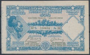 Colonial lottery ticket sold for 50 francs in 1938 for the printing of 15 January 1939, designers Minguet and Poortman, superb condition, ticket with watermark, vf.