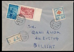 1950, aangetekende brief van Sjengjergj naar Bilisht, met o.a. toeslagzegel Rode Kruis (Mi N° 1, zegelwaarde € 450), zeldzaam, zm.