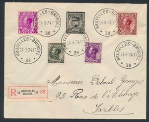 1934 N° 390/93 + 384 op aangetekende filatelistische brief van Brussel 24-9-1934 naar Ixelles, voor de zegels 391 + 393 is dit FDC!, zm
