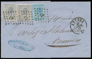 1867 Nos 17 (2x) et 18, d'Anvers, Pt. 12, daté du 20 février 1867, à destination de Namur, double port à l'intérieur des terres en dehors des 30 km 