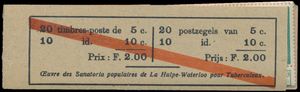 A9, 1913, rot diagonal mit Rücken Nr. 147, 4x 5 Marken 5 Centimes (N°110) und 2x 5 Marken 10 Centimes (N°118) (OBP €1000), einwandfrei.