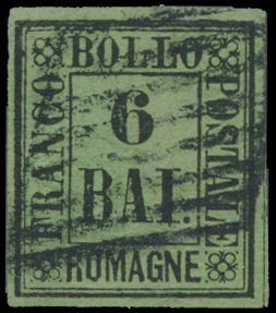 N° 7 '1859, 6 Baj green-yellow' thinned spot, f/to be checked (Sass €10,000)